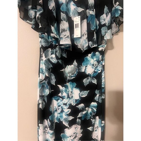 Connected Apparel 12 Ruffle Chest Floral Midi Dress Black Blue Wedding Guest NWT - Picture 5 of 15